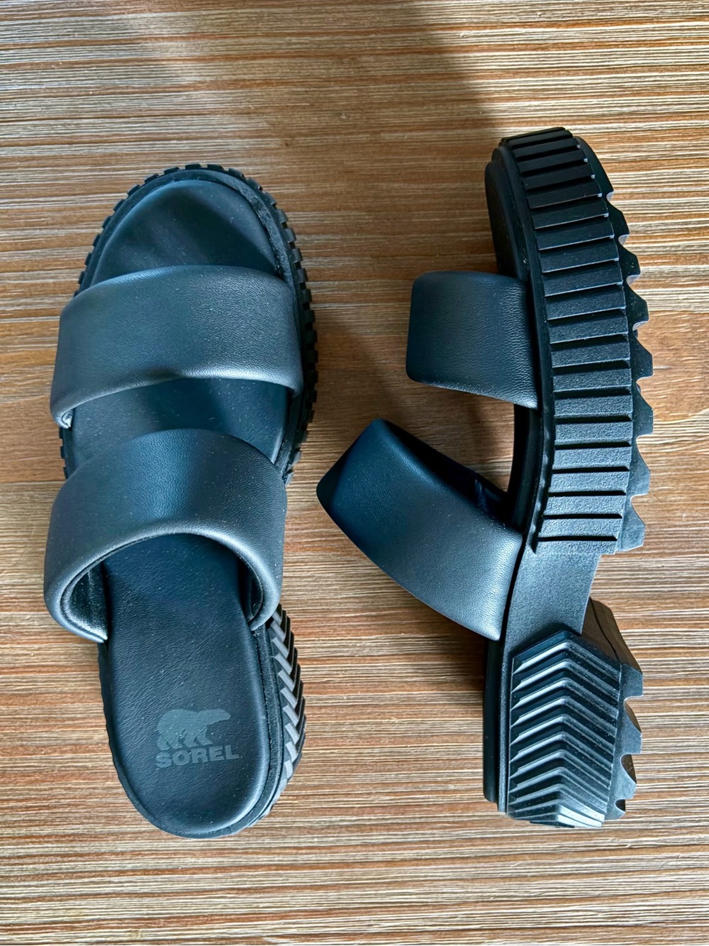 Sorel Black Chunky Platform Slide Sandals in box.